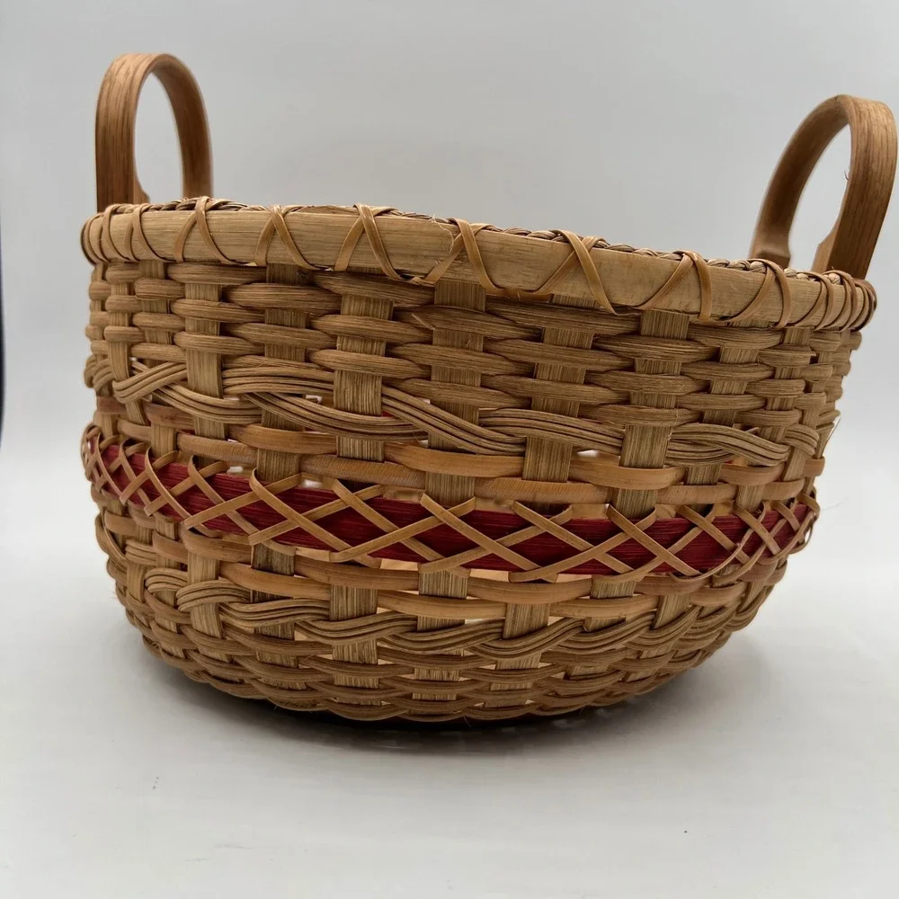 Handmade Round Woven Basket Wood Base Red Accent Band Bentwood Handles 11in